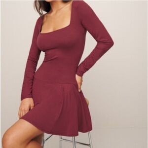Reformation Coen Jersey Knit Long Sleeve Square Neck Mini Dress Chianti Medium